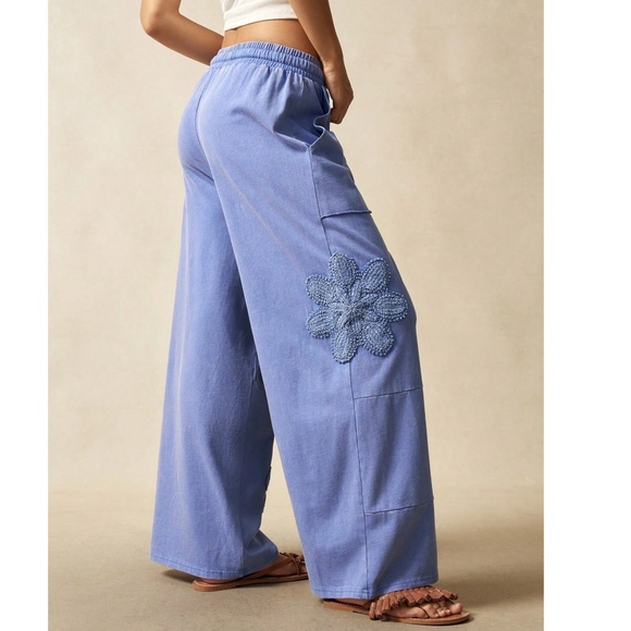 Boho Floral Patch Stretchy Drawstring Waist Wide Leg Pants - Picture 5 of 6